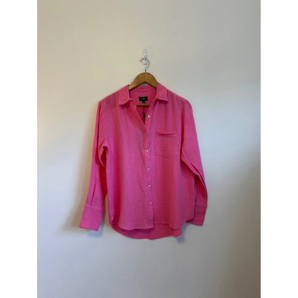 NWT Line The Label Zosia Hot Pink Cotton Gauze Button Down Shirt | Size XS